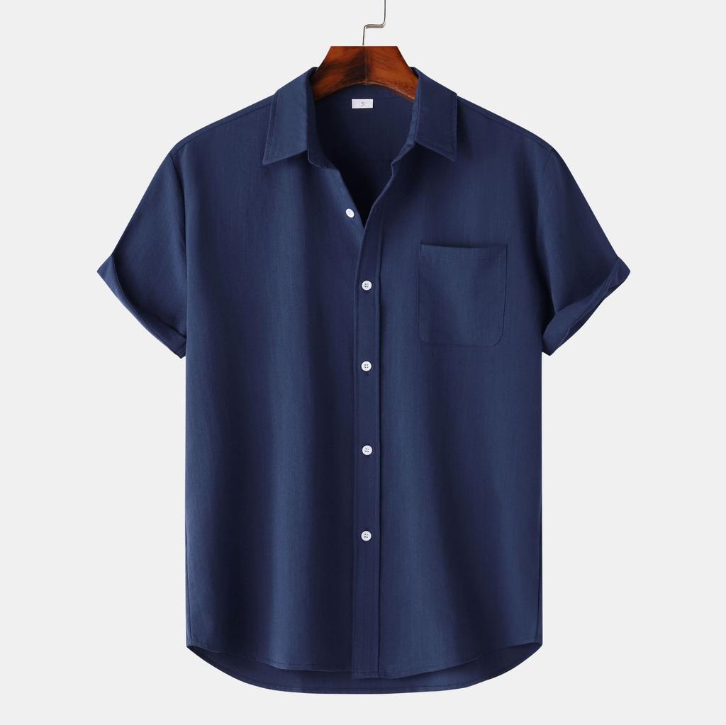 Summer Lapel Solid Color Short Sleeve Button Men's Linen Shirt Men's Clothing