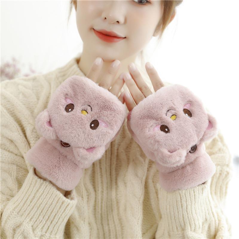 Cute Rabbit Fur Knit Mittens Plush Fingerless Gloves Flip Half Finger Driving Glove Winter Soft Warm Thick Gloves for Women Girl