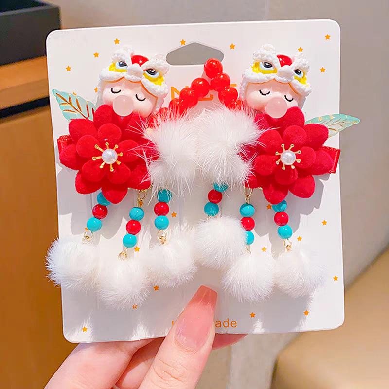Red New Year Hanfu Hair Clips for Girls - Chinese Style Floral Headwear