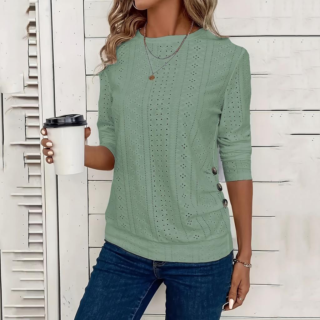 Women's Casual Solid Color Hollow-out Buttons Decorated Round Neck T-shirt Top