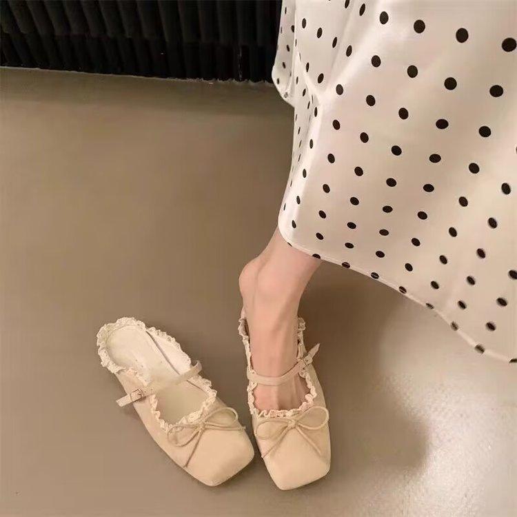 Lace Lace-up Bow Bag Head Slippers Women's Outer Wear 2025 Spring and Summer Square Head Flat Soft-soled Single Shoes Mary Jane Half-tow