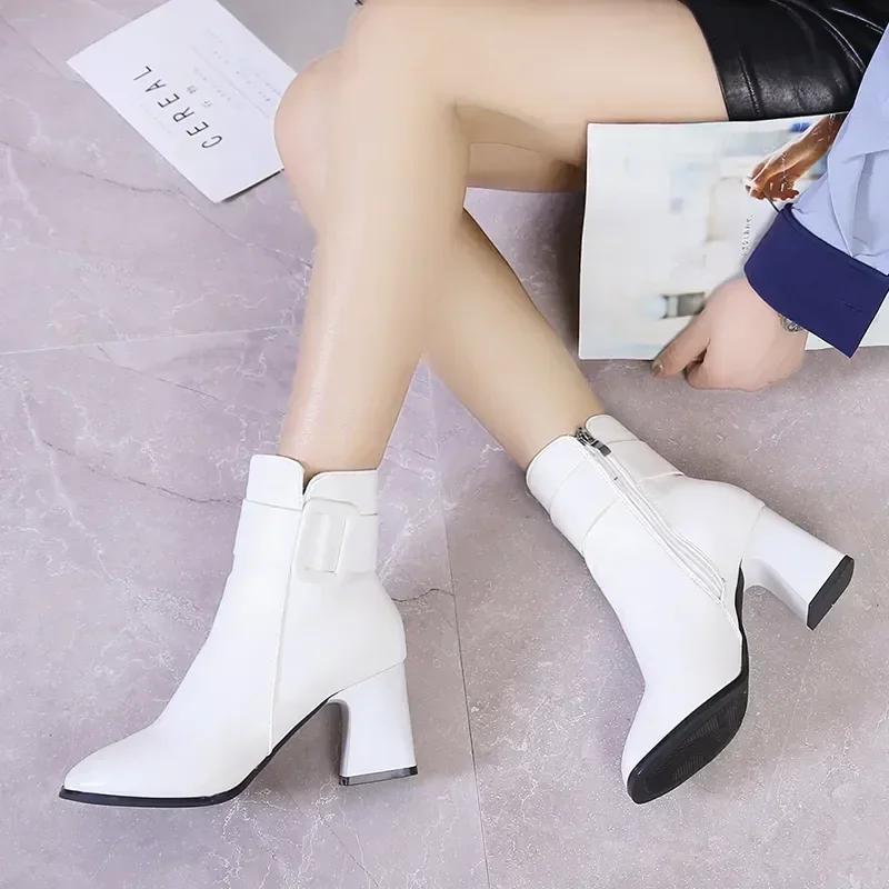 White Black Thick High Heel Ankle Boots Women 2025 Pointed Toe Keep Warm Elegant Short Booties Ladies Ankle Buckle Decoration