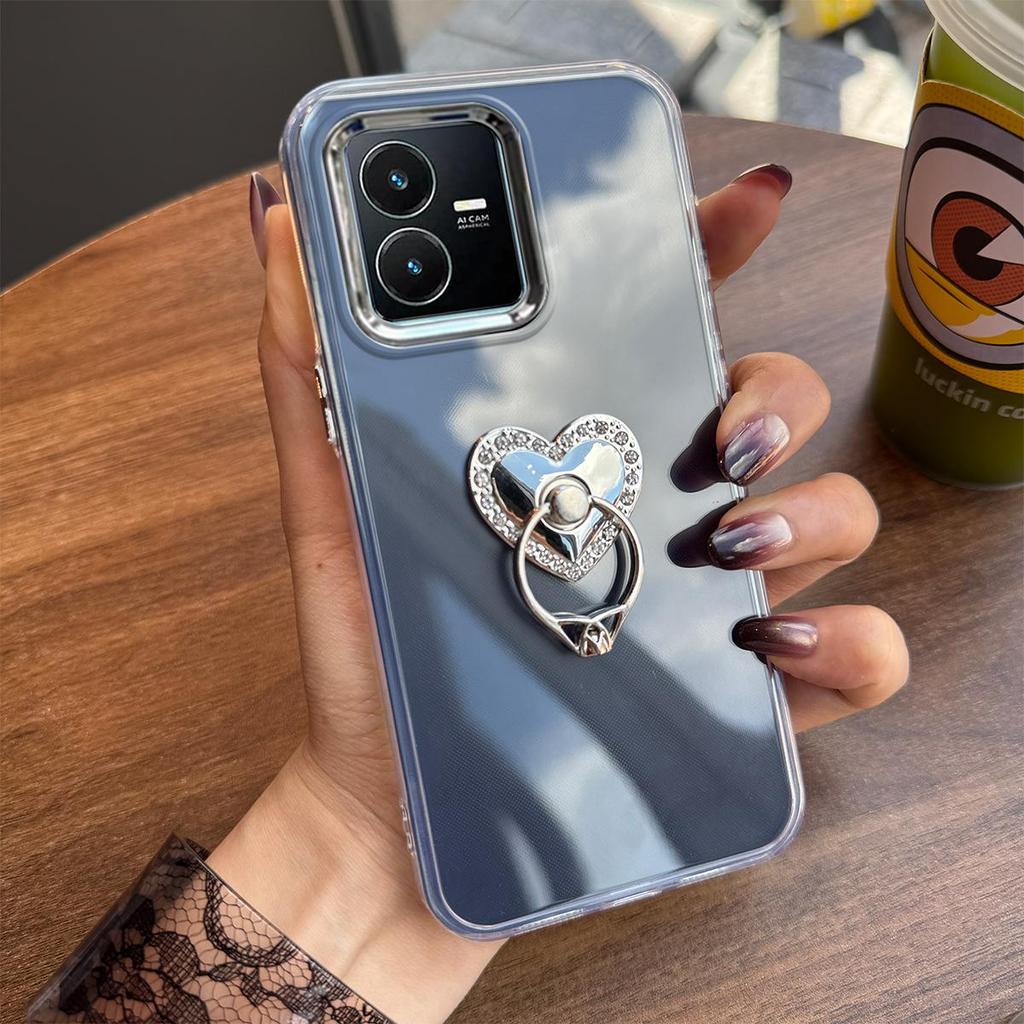 Luxury Bling Rhinestone Heart Ring Bracket Clear Phone Case for Vivo Y21 5G,Y11d,Y05 Stand Cover