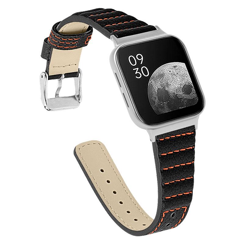 

Top Layer Cowhide Genuine Leather Stylish Wave Texture Wrist Band Replacement Smart Watch Strap with Buckle for Oppo Watch 41mm Black