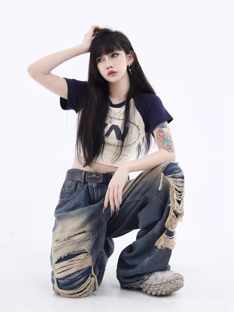 Gothic Black Jeans High Waist Vintage Women Korean Fashion Y2k Streetwear Ripped Pants Female Harajuku Casual Wide Leg Denim Trousers