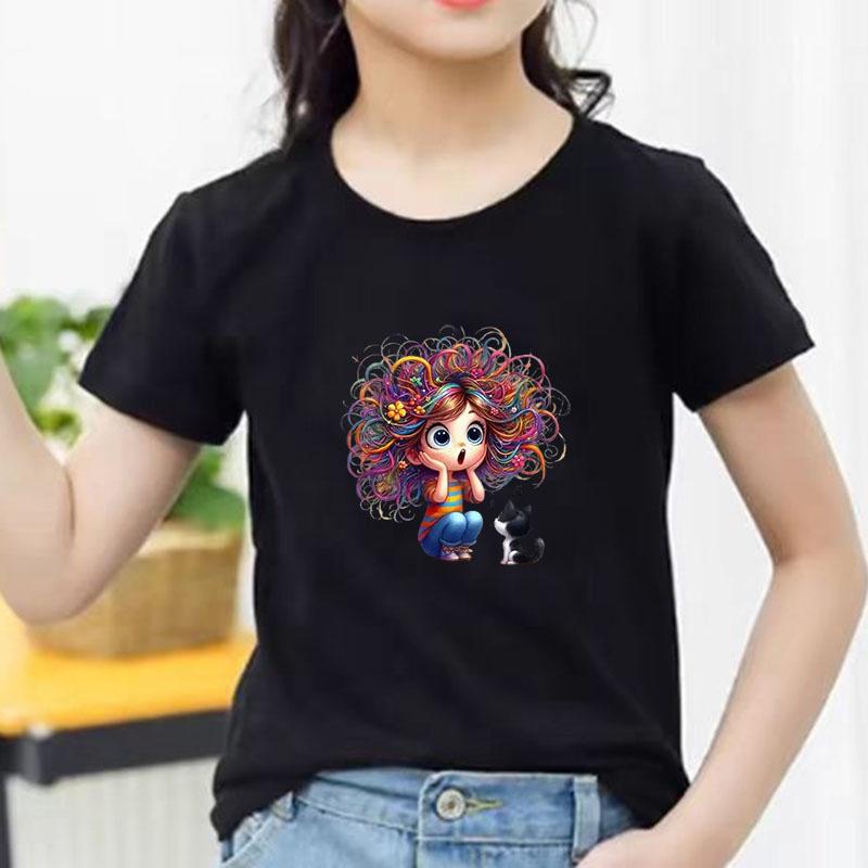 Kids Cotton T Shirt Surprised Colorful Hair Girl And Black Cat Print Crew Neck Short Sleeve Tee Casual Boys Girls Summer Tops