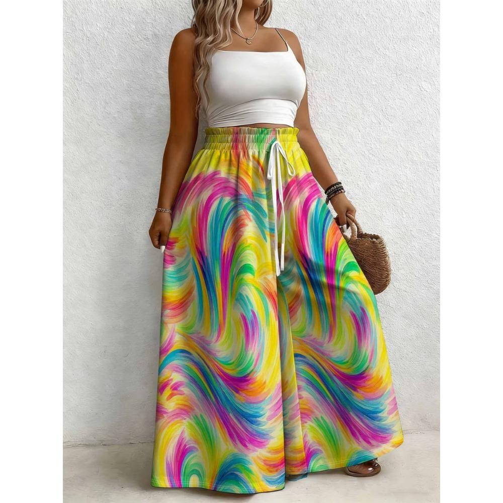 Large size women's printed loose wide leg pants, elegant with pockets, suitable for vacation and daily wear