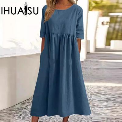 Vestiti estivi da donna in cotone e lino casual a maniche corte con pieghe e tasche, larghi e scollo rotondo
