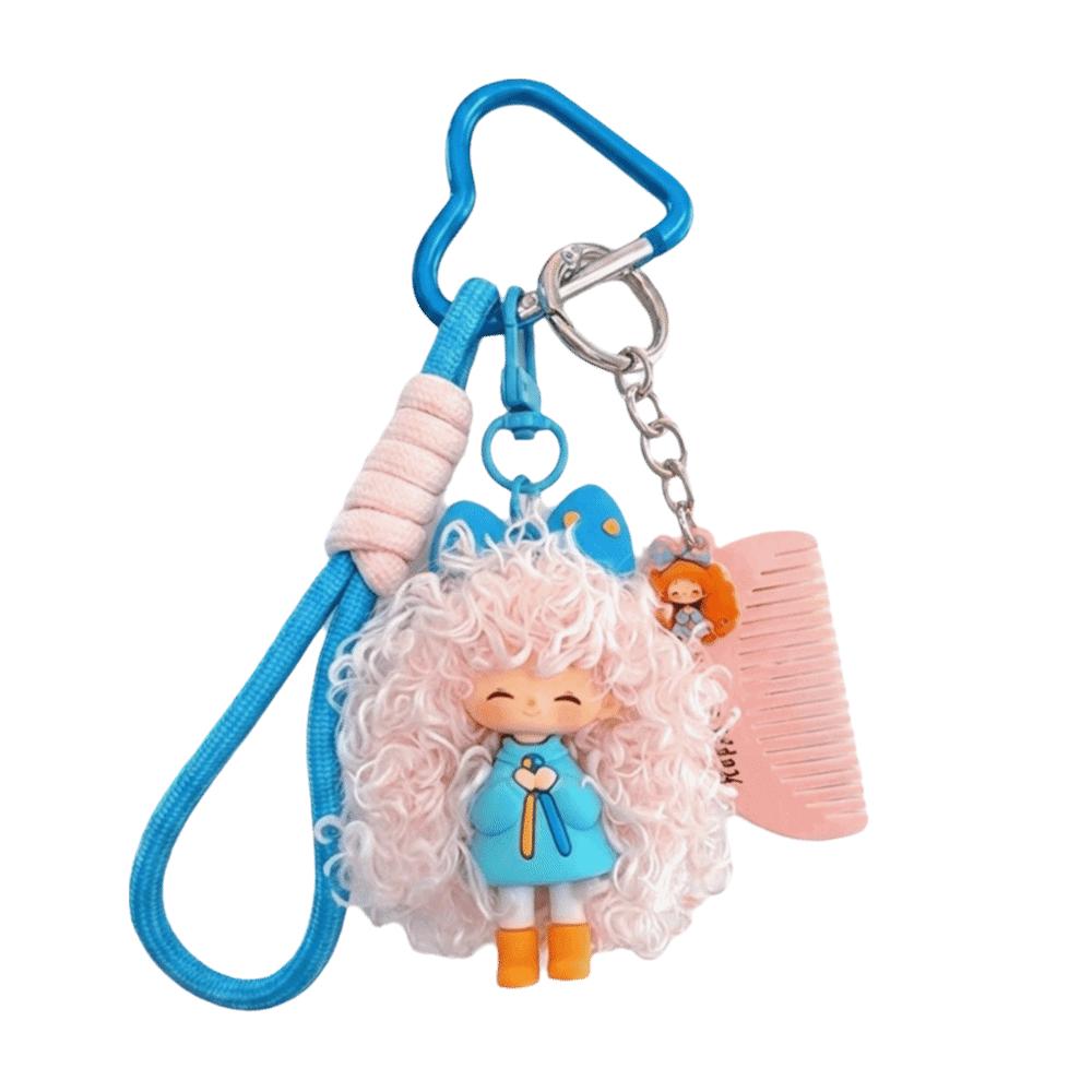 Soft Rubber Curly Hair Doll Keychain Colorful Bag Pendant Sweet Halyard Heart Keyring Kids Gift