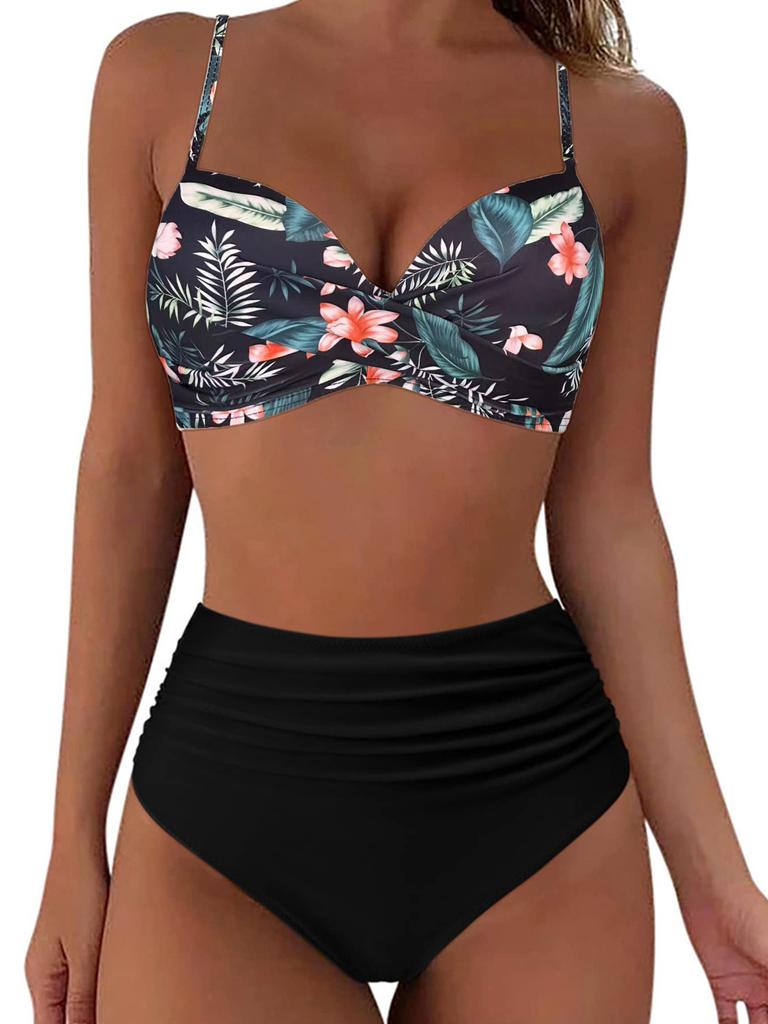 New Multi-color Printing Split Solid Color Gathering Bikini High Waist Explosion Swimsuit