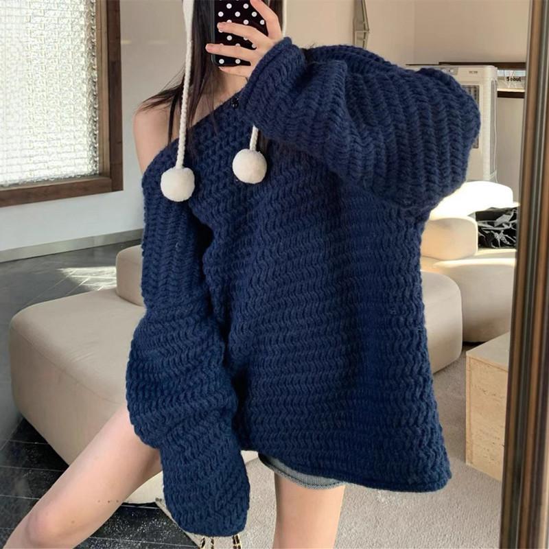 Long Sleeve Coarse Needle Sweater for Women Loose Medium Length Solid Color Knitted Sweater