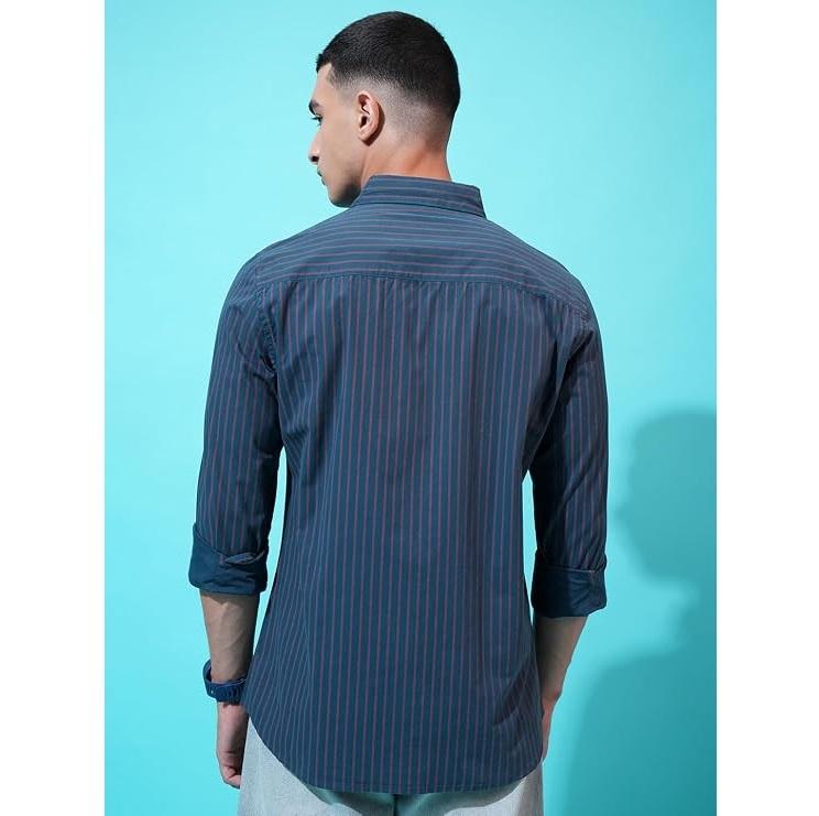 Men's Striped Casual Shirt Slim Fit Long Sleeve Poly Cotton Blend