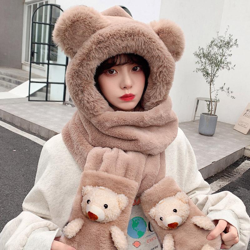 

Hat female autumn winter bear ear protection scarf gloves integrated three-piece scarf plush cute cycling warm hat average size
