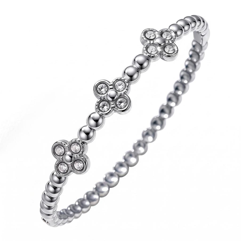 European-American Style Stainless Steel Four-Leaf Clover Rhinestone Bracelet for Women