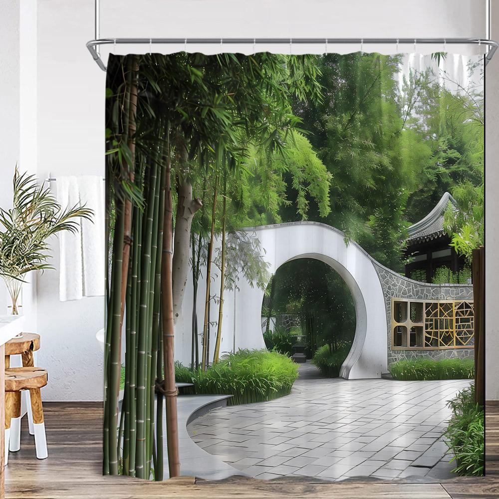 Chinese Courtyard Shower Curtain Arch Door Green Tree Bamboo Yard Path Garden Classical Bathroom Decor Bath Curtain with Hook