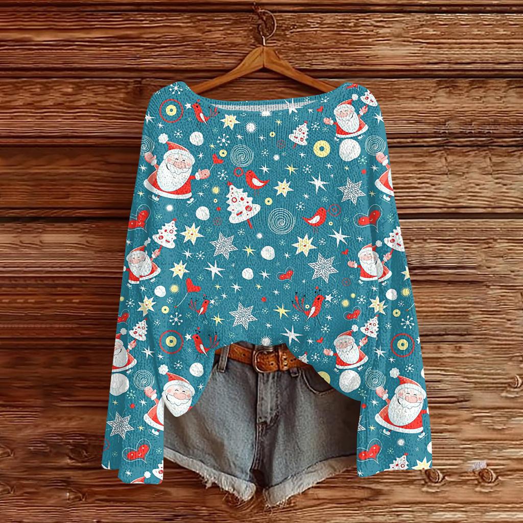 Women's Fashionable Oversized Knitwear Long-Sleeved Christmas Print Top