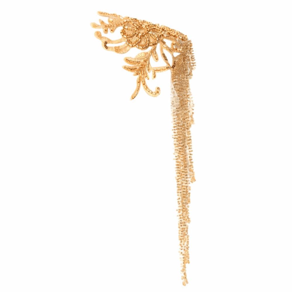 Gold White Color Bead Embroidery Chain Detail Flower Design Sequin Relief Embroidery Patch Lace Applique золотой