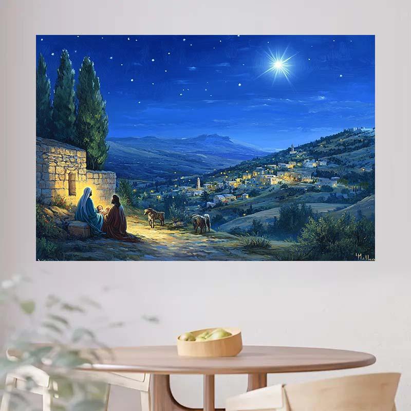 1 Weihnachtshimmelhintergrundstoff mit Sternen, dem Weisen Mann und dem Berg Bethlehem - langlebige Polyester-Feiertagsdekoration