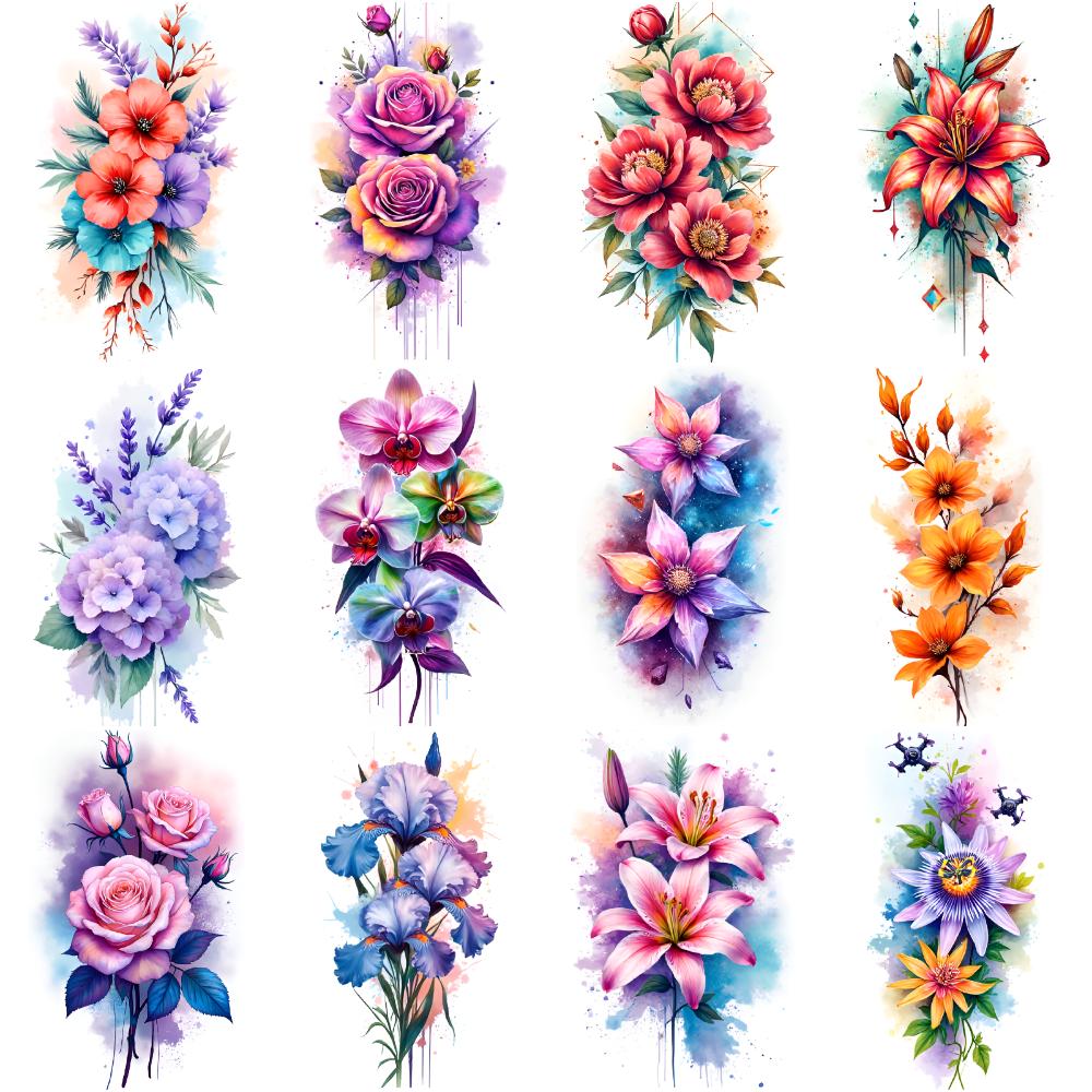 12pcs Temporary Tattoo Orchid Tattoos Waterproof Long-lasting Body Stickers Floral Tattoos Colorful Tattoos Watercolor For