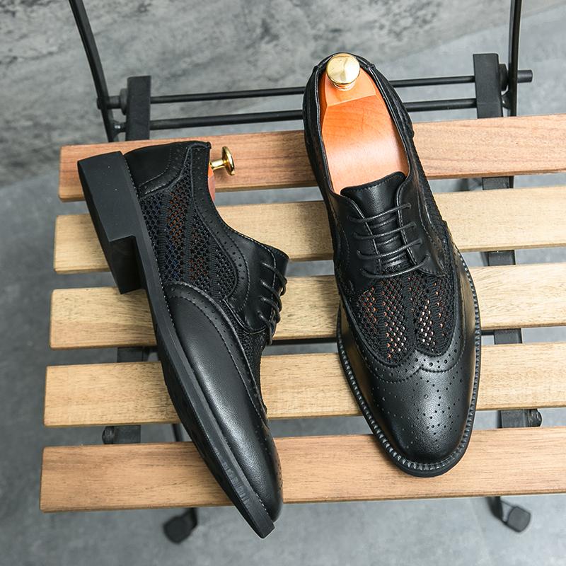 Britain Men Pointed Black Breathable Mesh Patchwork Casual Dress Homecoming Brogues Shoes Male Formal Wedding Oxfords Footwear