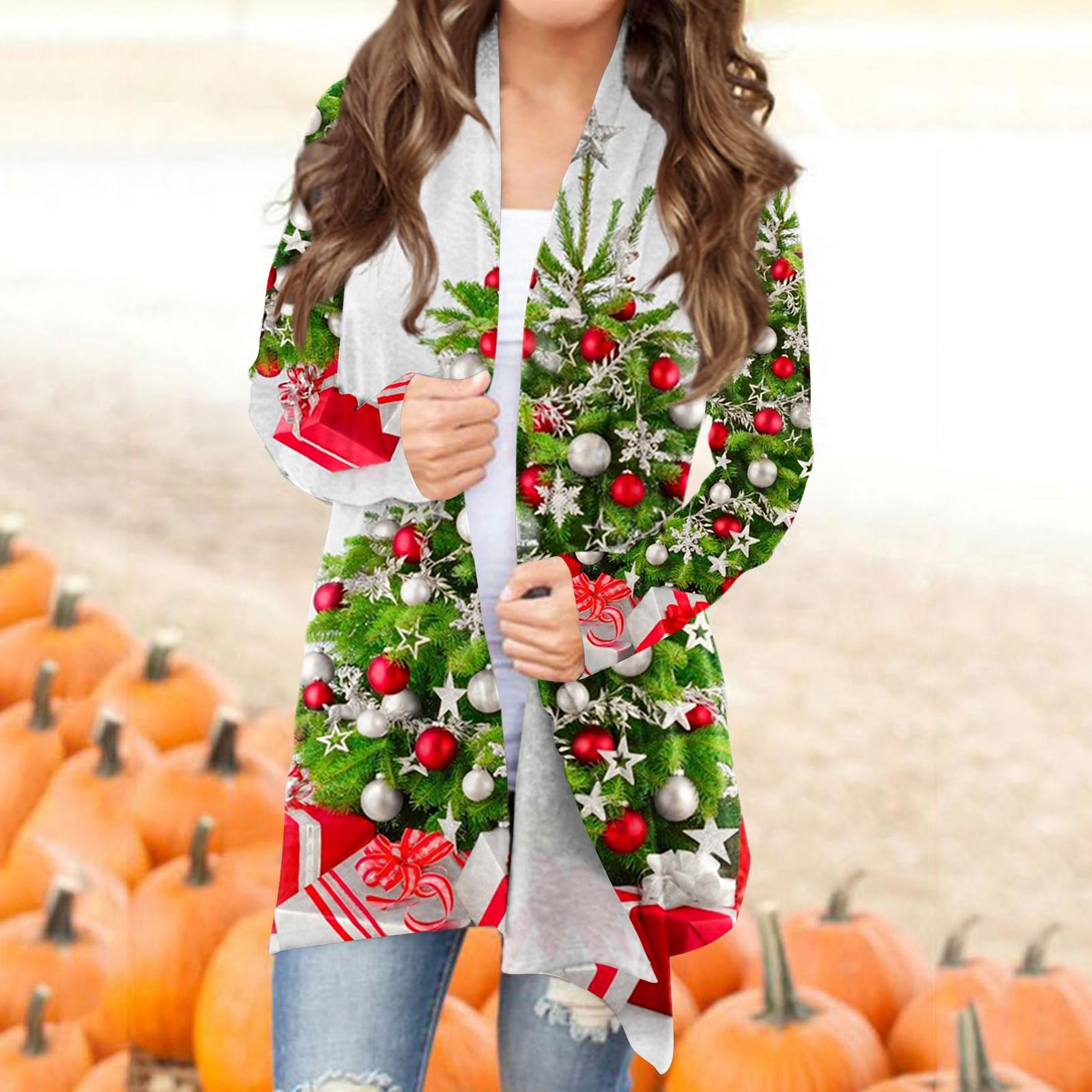 

Женская модная повседневная куртка-кардиган миди с длинным рукавом с рождественским принтом XXL белый