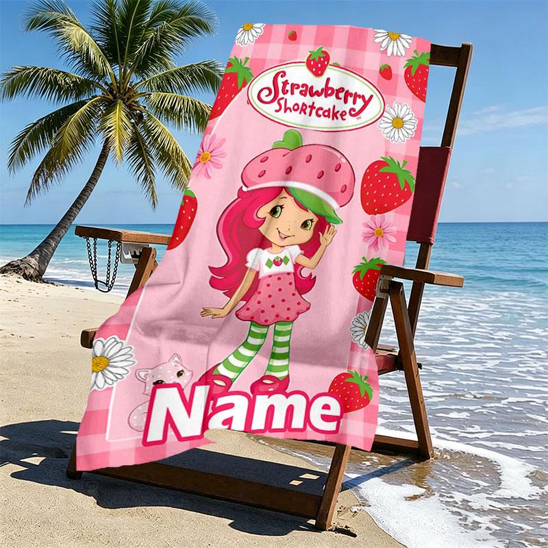 Custom Name Personalized Strawberry Shortcake Print Beach Towel, for Trip Camping Beach Party Home Decor, Birthday Gift for Family & Friends