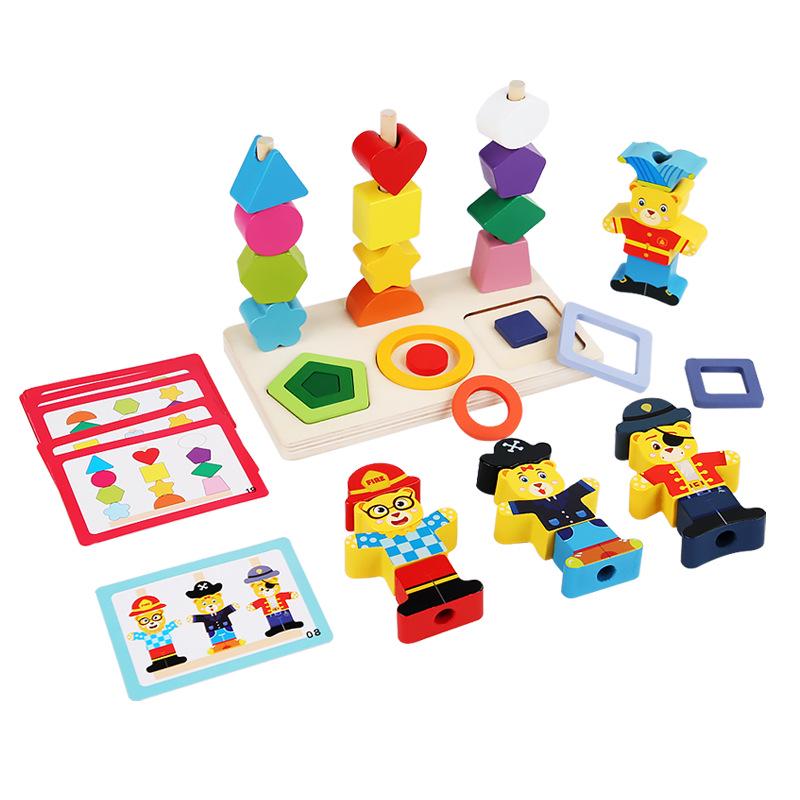 Montessori Toddler Wooden Bear Stacking Rings for Shape Recognition and Concentration Training