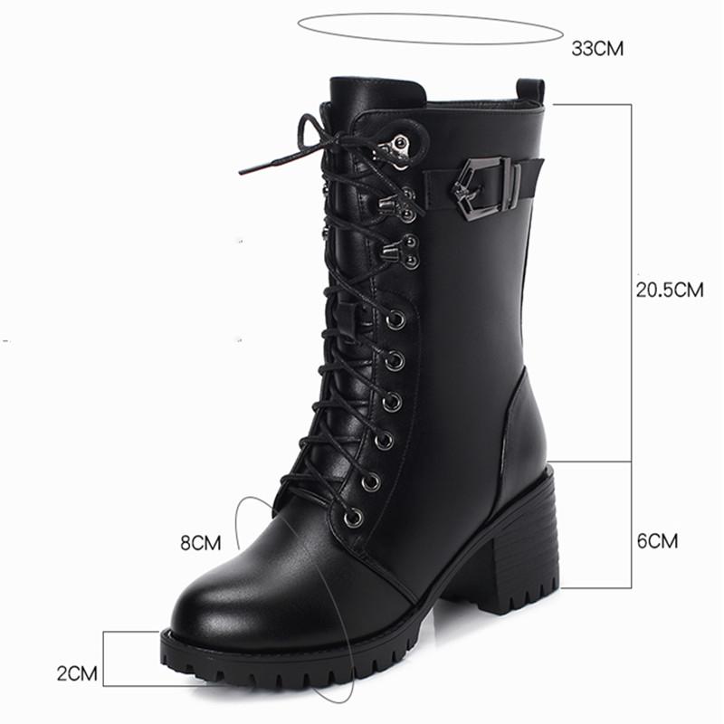 Fashion GKTINOO Boots Women Genuine Leather High-heeled Large Size Motorcycle Boots Women New Wool Warm Winter Boots for Women