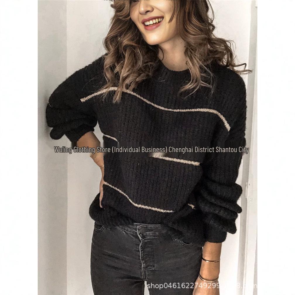 2026 Autumn/Winter Striped Loose Knit Pullover Sweater - Women's Casual Long Sleeve Round Neck