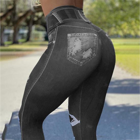 Pantaloni in Finto Denim Colore Unico Super Elastici Autunno Inverno Graffiati Colore Puro per Yoga