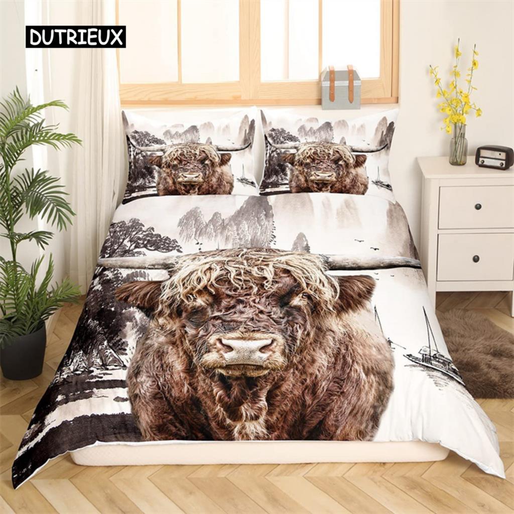 Bettbezug mit Highland-Kuh-Motiv, Western-Bettwäscheset mit Bauernhoftieren, King-Size-Bett, für Jungen und Mädchen, Mikrofaser, Blumenmuster, Bullen- und Rinder-Bettbezug