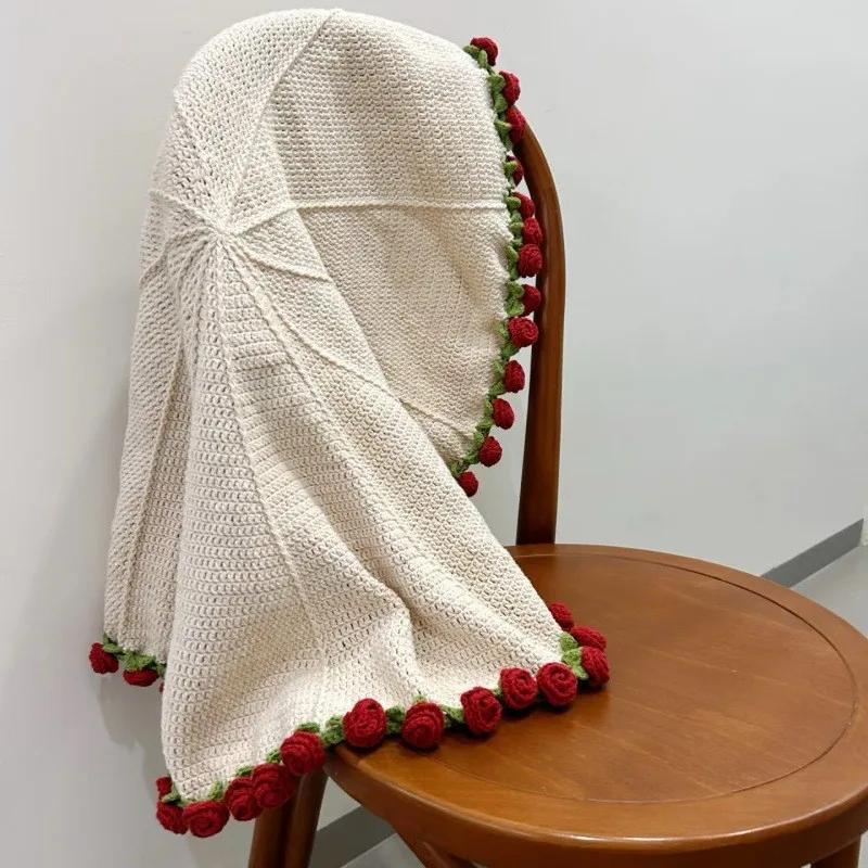 Handmade Pack Crocheted Blanket Acrylic Fiber Rose Bouquet Blanket Change Bouquet Creative Quilt Cover Diameter80/110/160cm