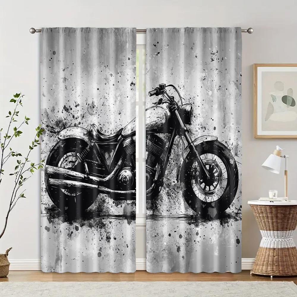 

2 шт., Оконная штора 2D-печать Современная раскрашенная черно-белая кирпичная стена мотоцикл граффити Полиэстер Легкая установка (без удилища) 29x65in(75x166cm)