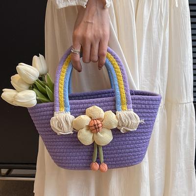Straw Woven Bags for Women Fashionable Braiding Baskets for Knitting Cute Rainbow Cotton Rope Birthday Party Souvenir Fireworks Basket