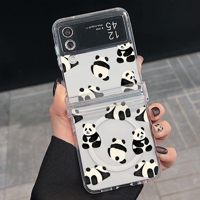 3 STÜCKE Faltbare Stoßfeste Hülle für Samsung Z Flip6 Flip5 Flip4 für Magsafe Magnetisch Cartoon Pandas Muster Transparent Hartes PC Slim Case Abdeckung