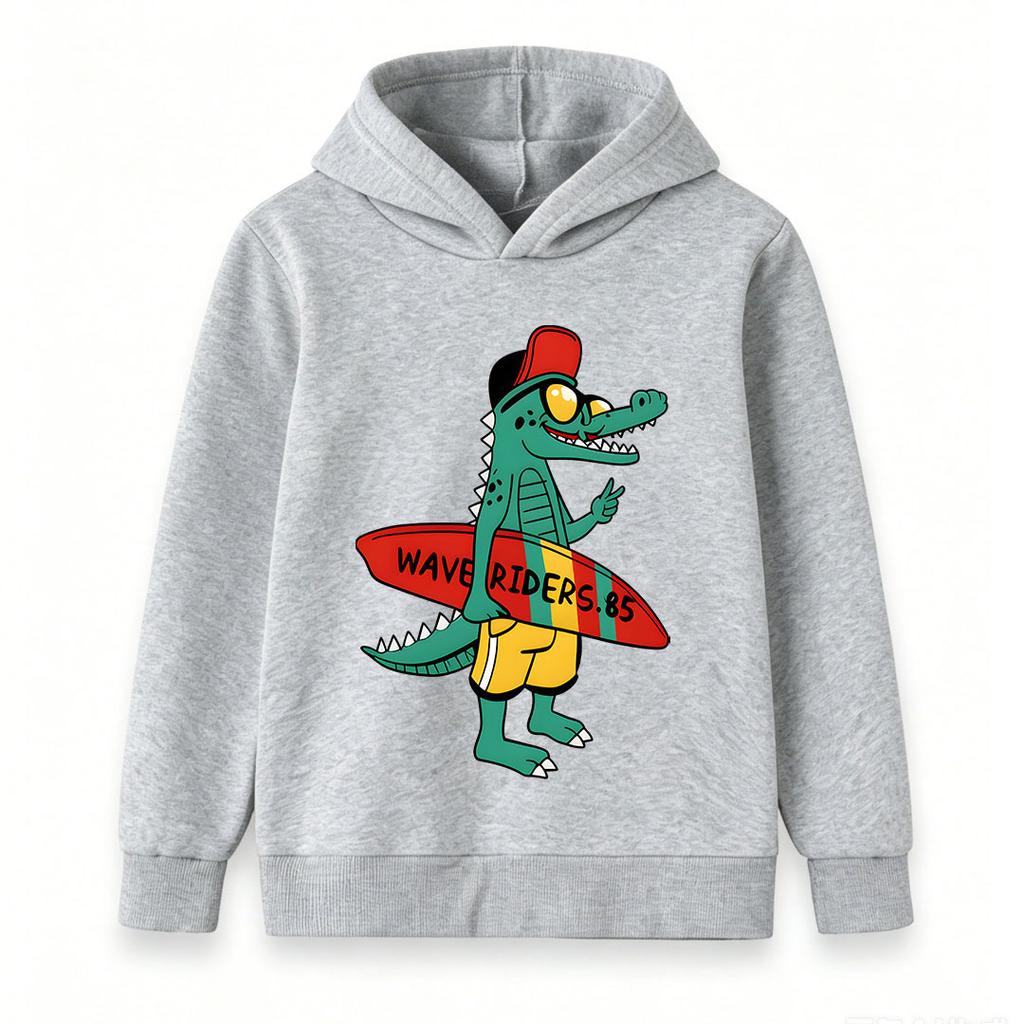 Kids Boys Girls Hoodie, Cool Cartoon Crocodile Surfer Wave Riders Pattern Pullover Hooded Sweatshirt, Casual Long Sleeve Lightweight Top for Daily Hol
