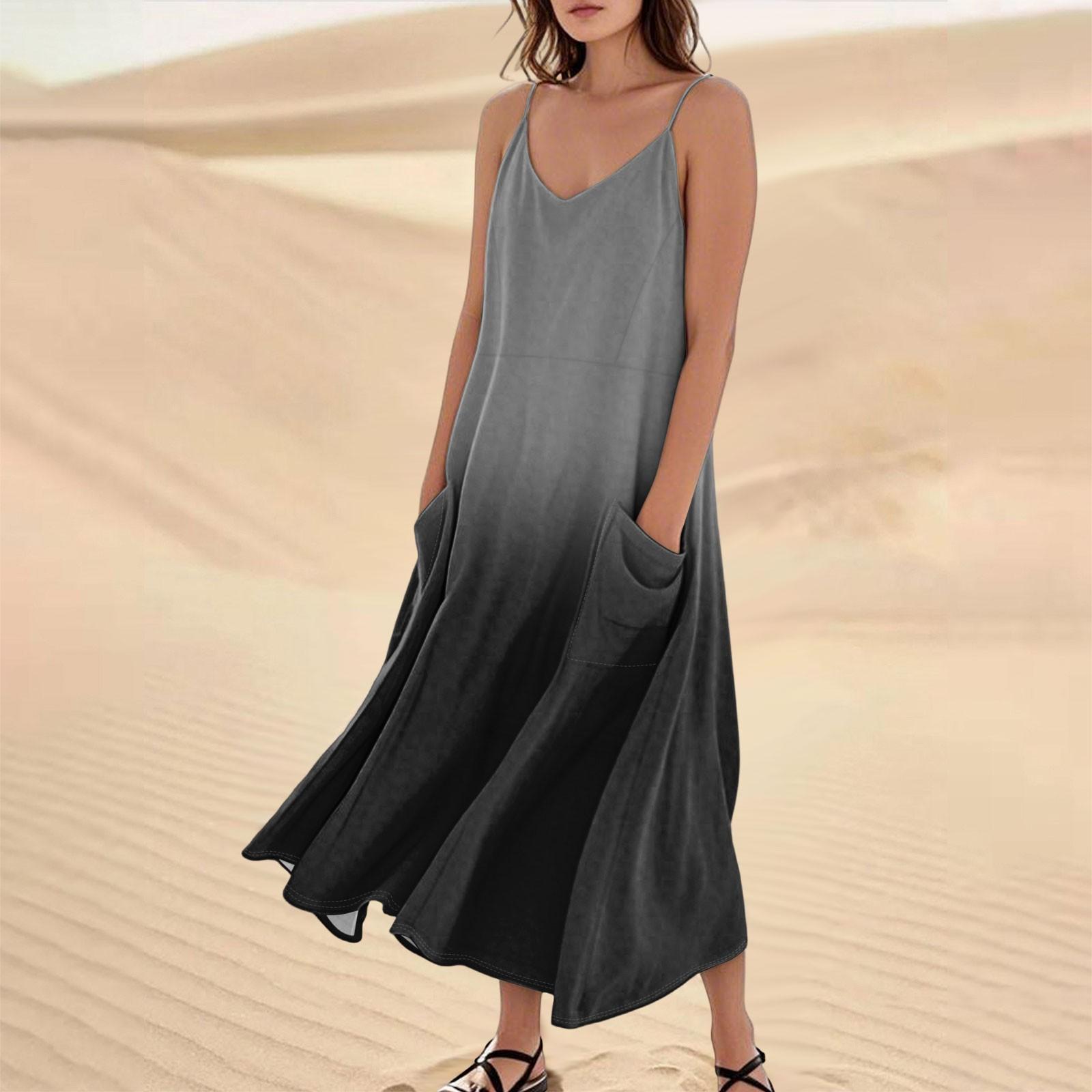 

Women s Casual V Neck Gradient Print Sleeveless Pocket Suspender Dress M