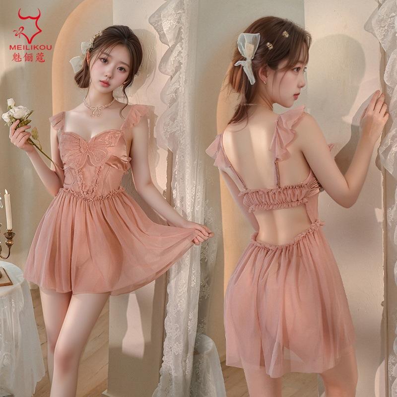 Sex underwear sexy bow mesh see-through skirt halter suspenders pure desire uniform temptation passion