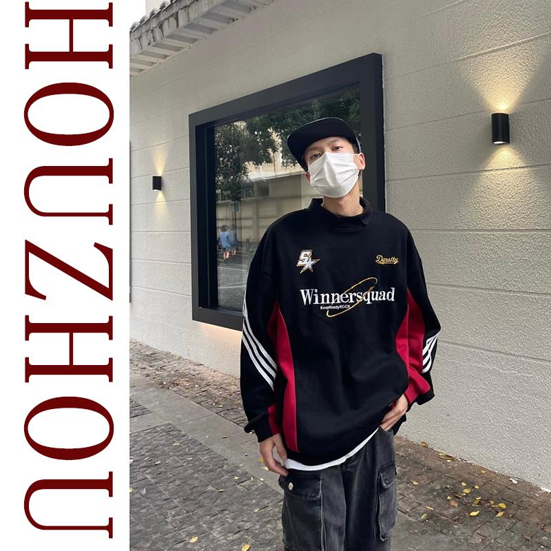 Vintage Patchwork Pullover Korean Harajuku Design Polo Neck Sweatshirt Streetwear Long Sleeve Sweatshirt Oversized Tops Y2k Style