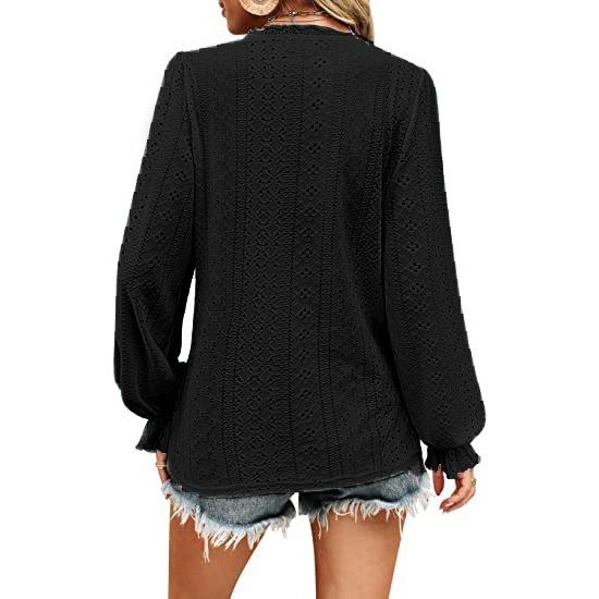 GMXIA Women's V-neck T-shirt Autumn Hollow Casual Pleated Sleeve Top Shirt