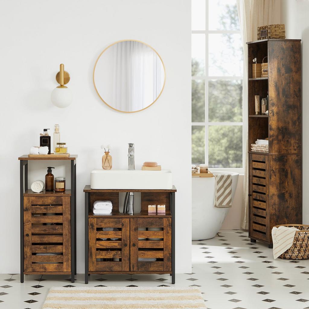 VASAGLE Under Sink Cabinet, Bathroom Vanity Unit, Storage Cupboard, 60 x 30 x 60 cm, with Steel Frame, Open Shelf, Louvered Doors, Adjustable Shelf