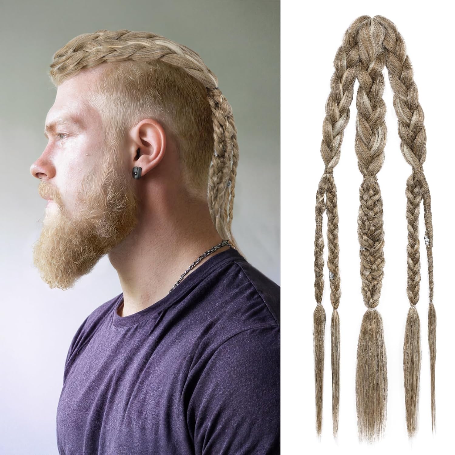 Extensii de Păr Viking pentru Bărbați 24  Coadă de Păr Împletită cu Clips, Realizată Manual, pentru Costum Viking de Halloween, Accesorii Războinic Renaștere brown