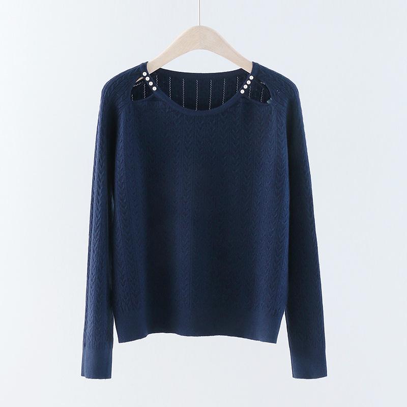 Women s Beaded French Autumn Knit Sweater - Hollow Out, Long Sleeve, Loose Fit, Slimming Pullover Top One Size