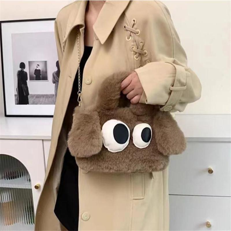 Kawaii Big Eye Plush Crossbody Handbag,Solid Color Embroidered Imitation Wool Tote Bag & Purse for Women - Cartoon Theme