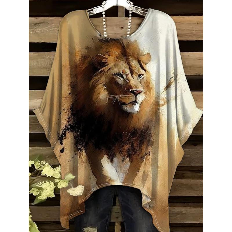 

Retro Lion Pattern T Shirt for Women Animal 3D Printed Short Sleeves Summer Fashion Crew Neck Tops Girl Tees Streetwear T-Shirts 1XL