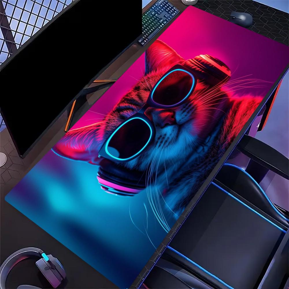 Cool Neon Black Cat With Headphones Large Gaming Mouse Pad Non Slip Desk Mat Keyboard Mat For Pc Laptop Office Gamer Home Decor