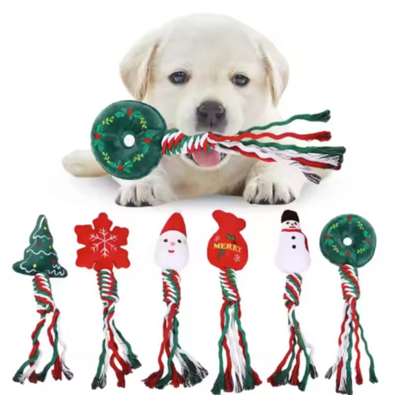 Cute Puppy Christmas Gift Interactive Squeaky Chew Toy with Cotton Rope Knot Bite Dog Toy Funny Pet Supplies for Xmas