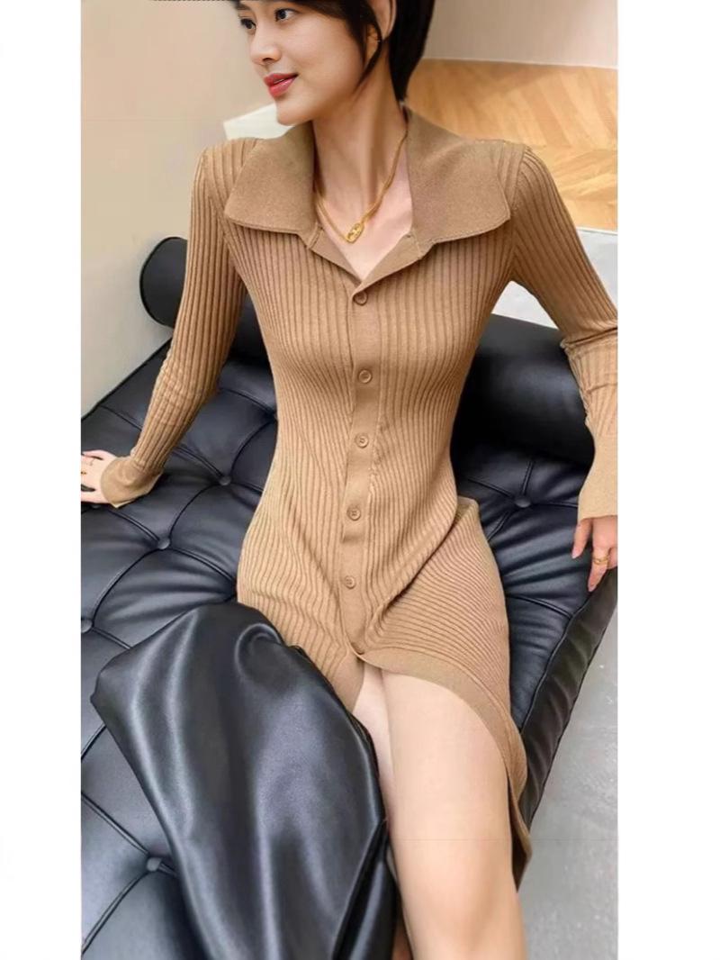 

Европейское и американское вязаное платье с длинным рукавом Small хаки