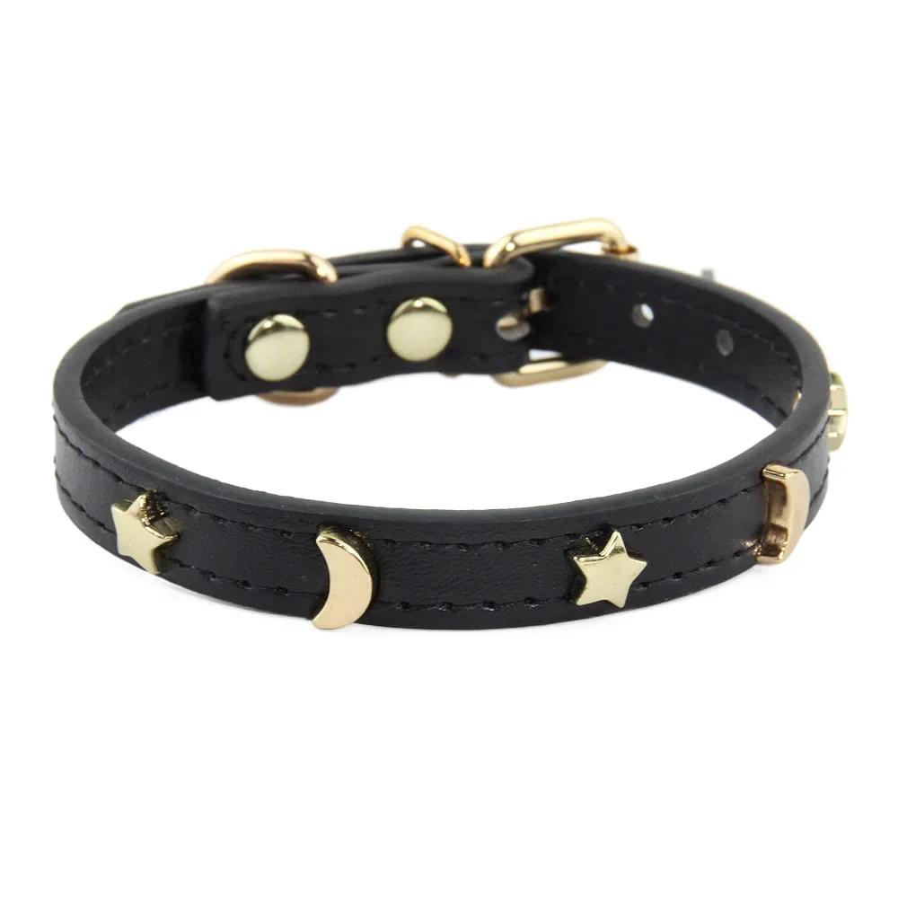 

Cute Cat Collar Soft Leather Pet Collars For Small Dog Kitten Puppy Necklace Cat Accessories Star Moon Rivets Decoration XS-M XS（old） чёрный