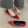 Temperament rhinestone pointed single shoes women's 2025 spring new French sweet velvet red shallow mouth soft sole evening shoes